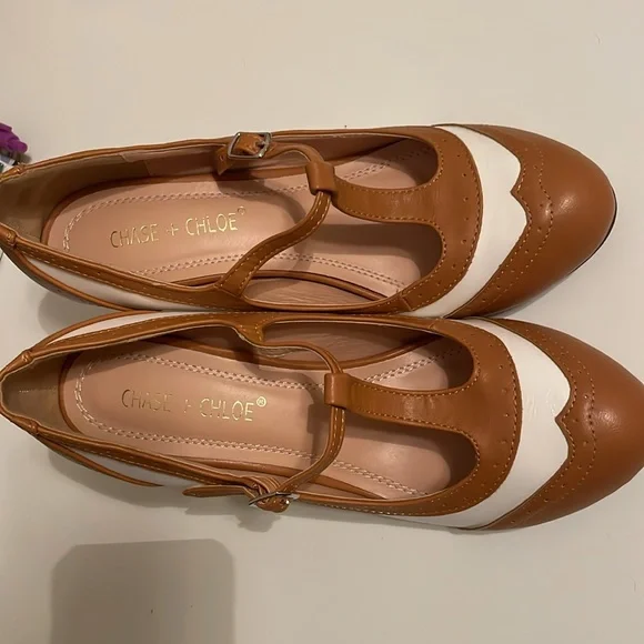 Chase + Chloe Tan and White T-Strap Heels - Picture 11 of 16